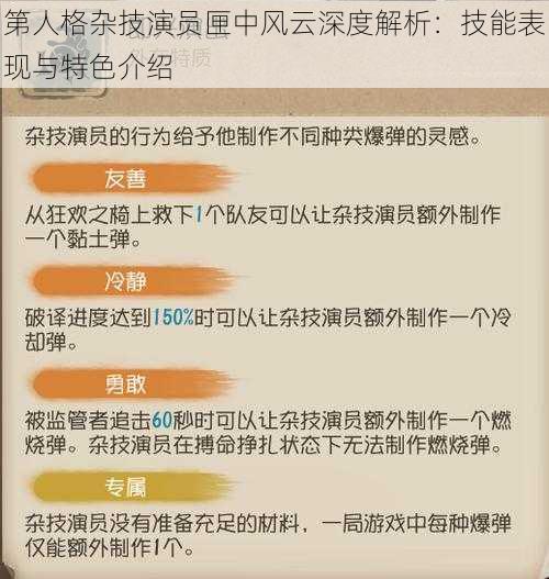 第人格杂技演员匣中风云深度解析：技能表现与特色介绍