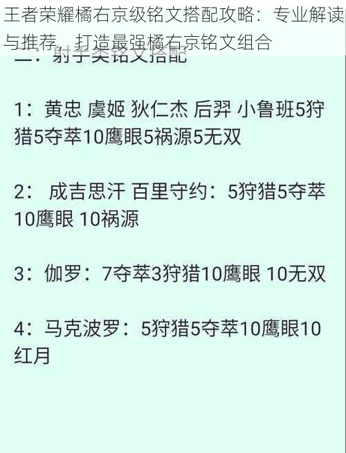 王者荣耀橘右京级铭文搭配攻略：专业解读与推荐，打造最强橘右京铭文组合