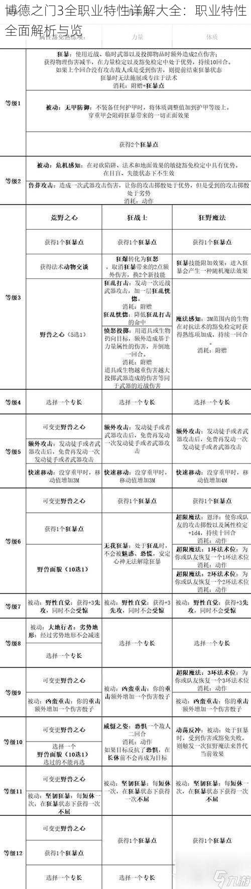 博德之门3全职业特性详解大全：职业特性全面解析与览